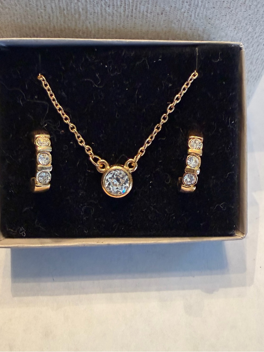 Signed AVON Anniversary Set Crystal Pendant Necklace and Hoop Earring Gold